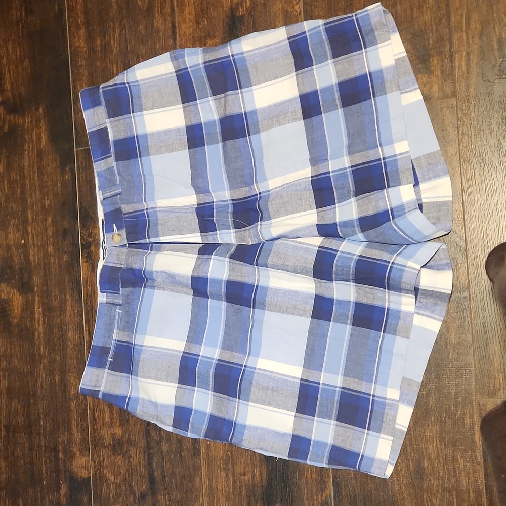 Polo ralph lauren plaid golf shorts 38 blue+white flat front bermudas